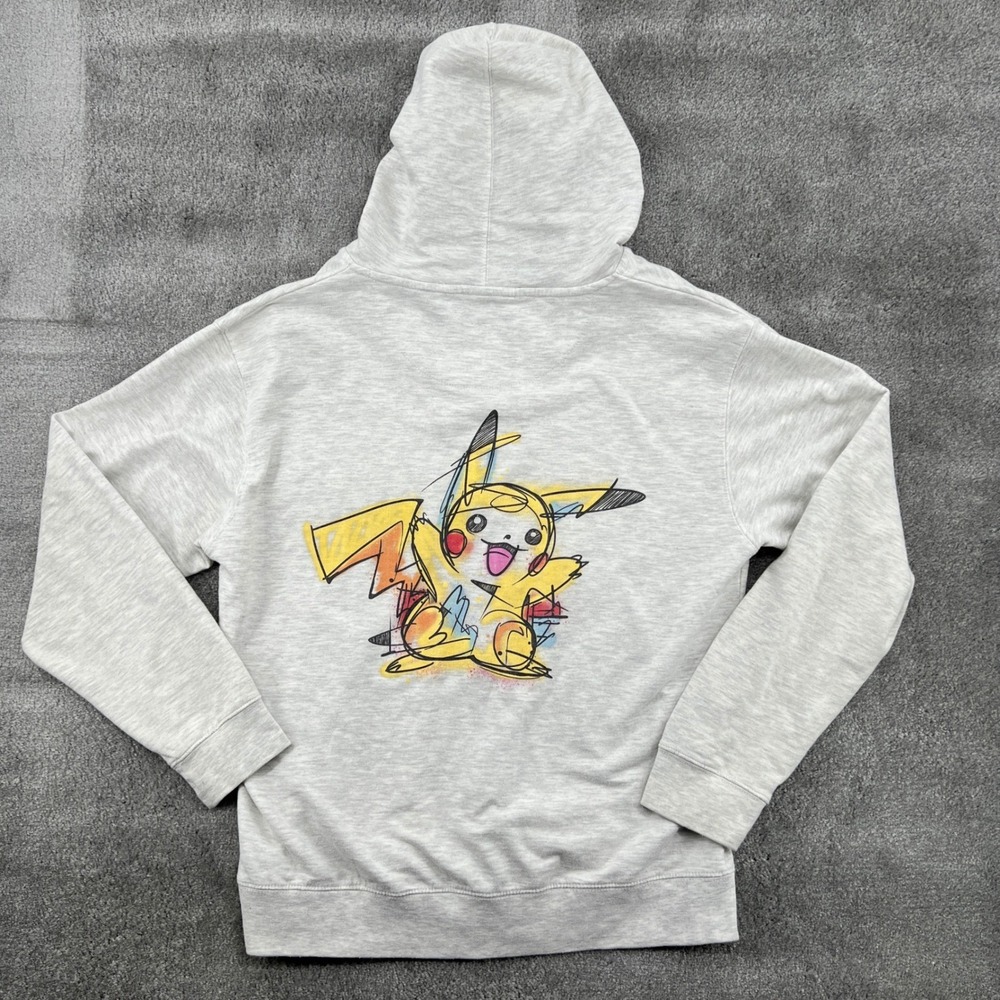 Pokemon Pikachu Sketch Unisex Hoodie Size L Gray Zip Up Fleece Sweatshirt Artsy